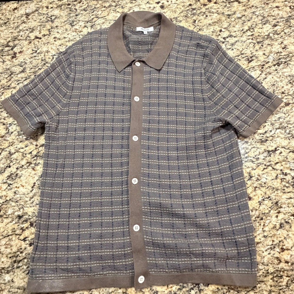 Madewell Mens Brown Blue Pointelle Knit Button Polo Shirt Small